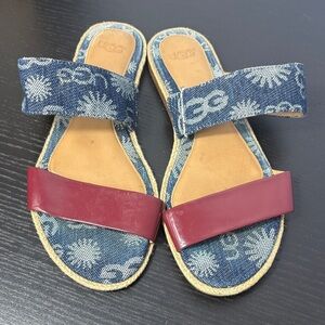 UGG Australia Amalia denim slide sandals with a red patent leather strap.